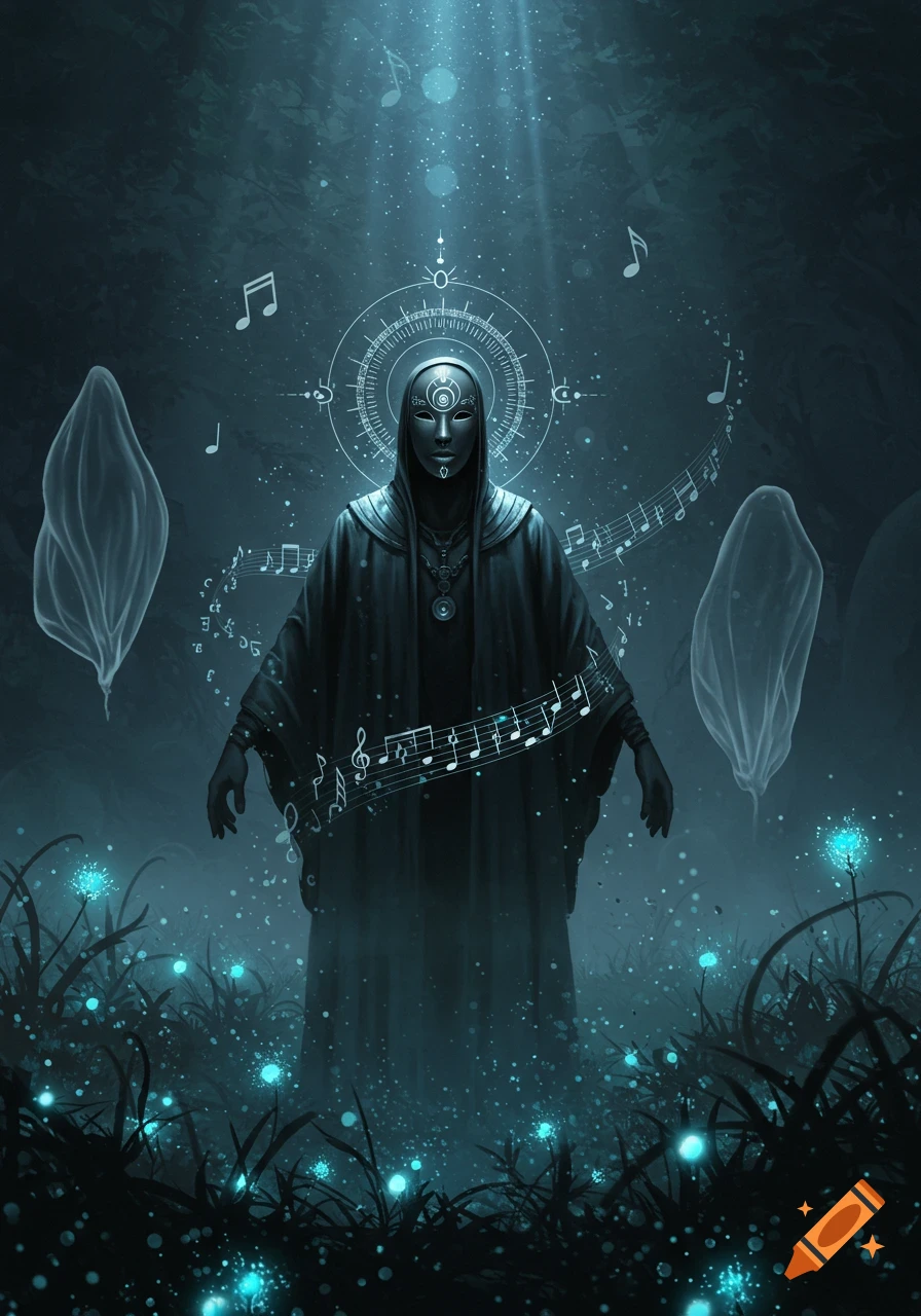 Dark fantasy illustration of a masked, robed figure in a misty forest with glowing plants and musical notes.