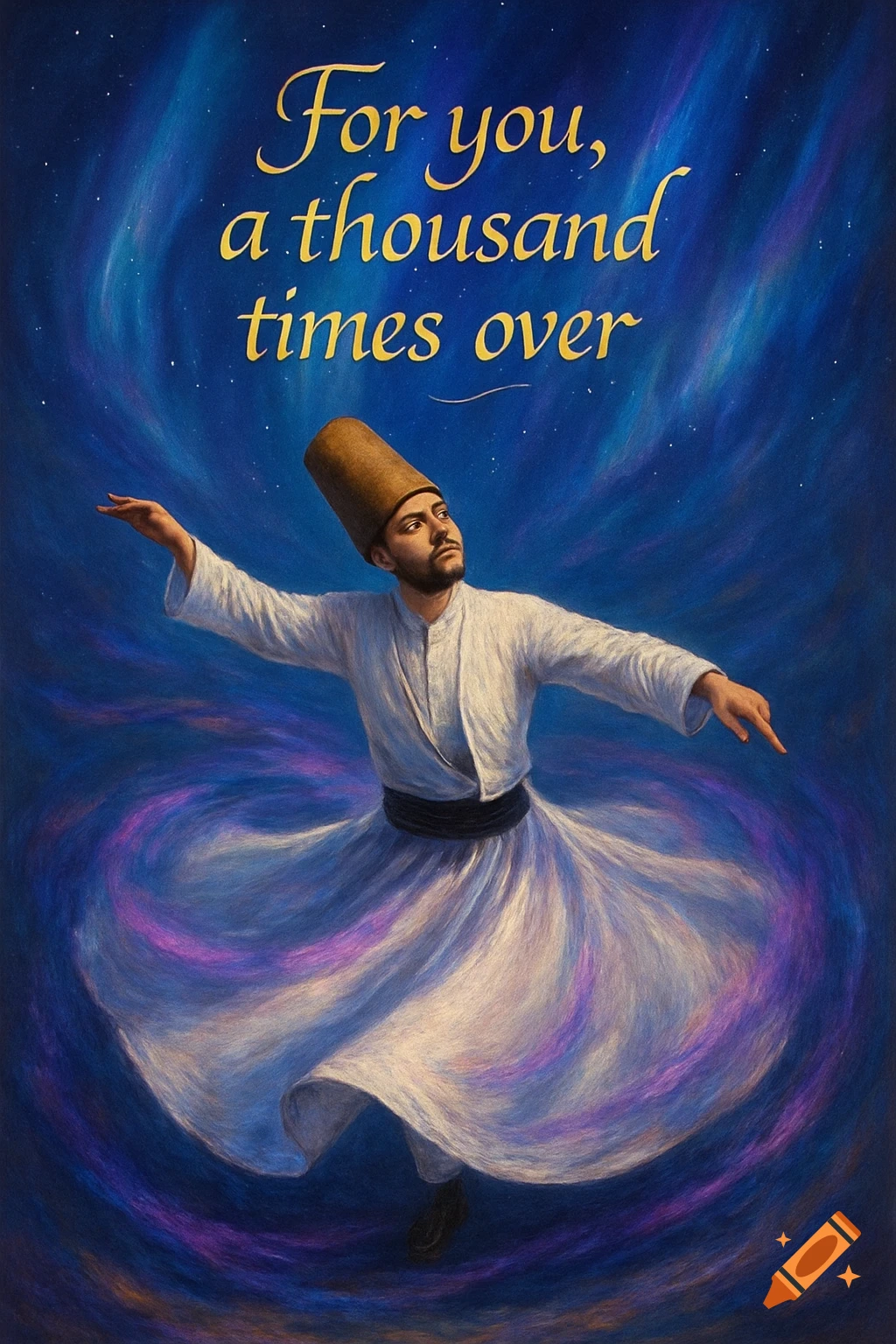 Painting of a Sufi dervish dancing, white robe swirling in purple and blue cosmic patterns, with text 'For you, a thousand times over'.