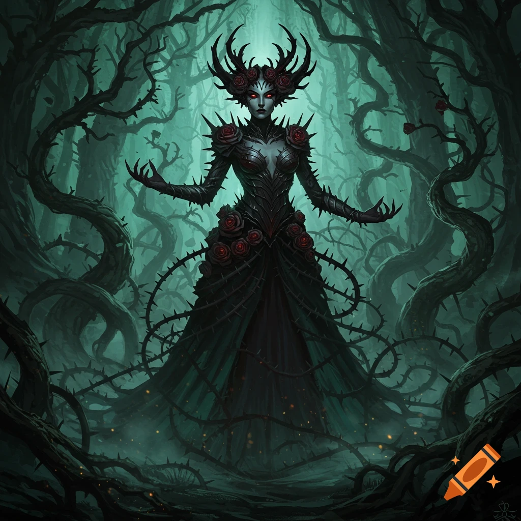 Dark fantasy art of a thorn goddess with red eyes and a thorny black dress, standing in a misty, twisted forest.