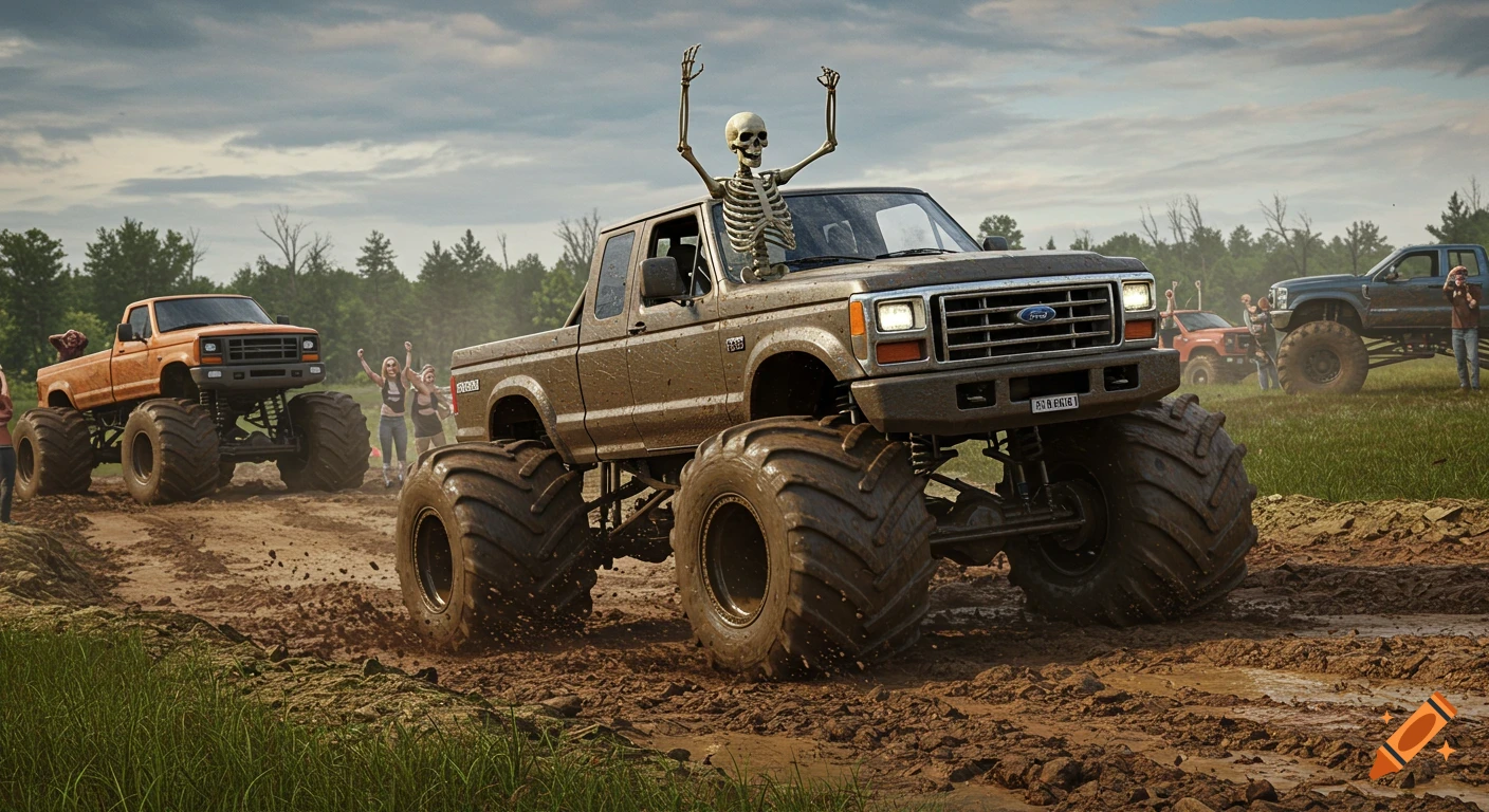 A realistic skeleton in a Ford F-350 monster truck drives through a muddy pit, with other trucks and cheering spectators in the background.