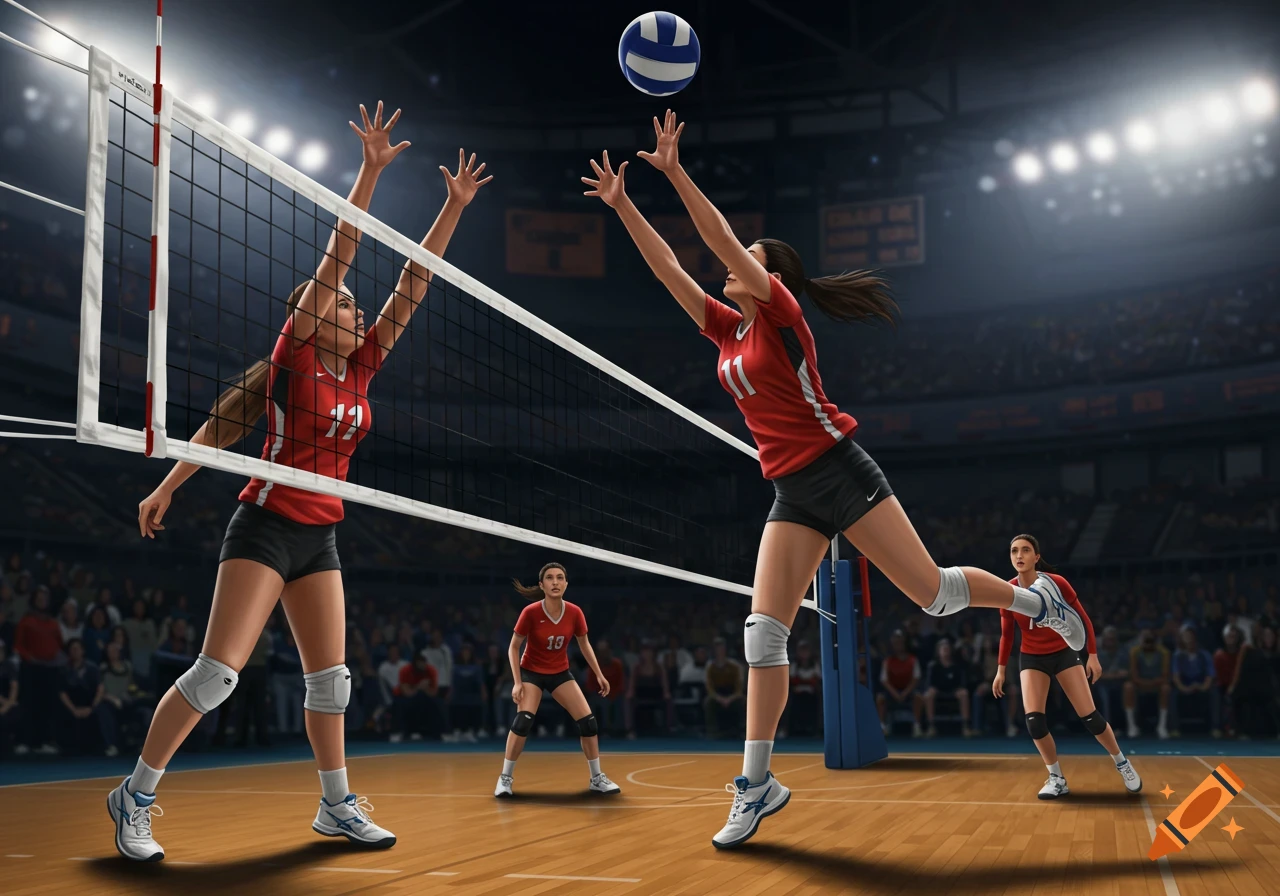 Two female volleyball players jump at the net to block a ball in a brightly lit indoor stadium. Digital art.