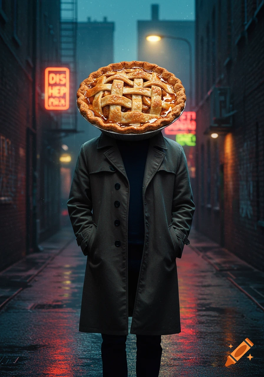 A person in a trench coat stands in a rainy, neon-lit city alley with an apple pie for a head, in a dark, photorealistic style.