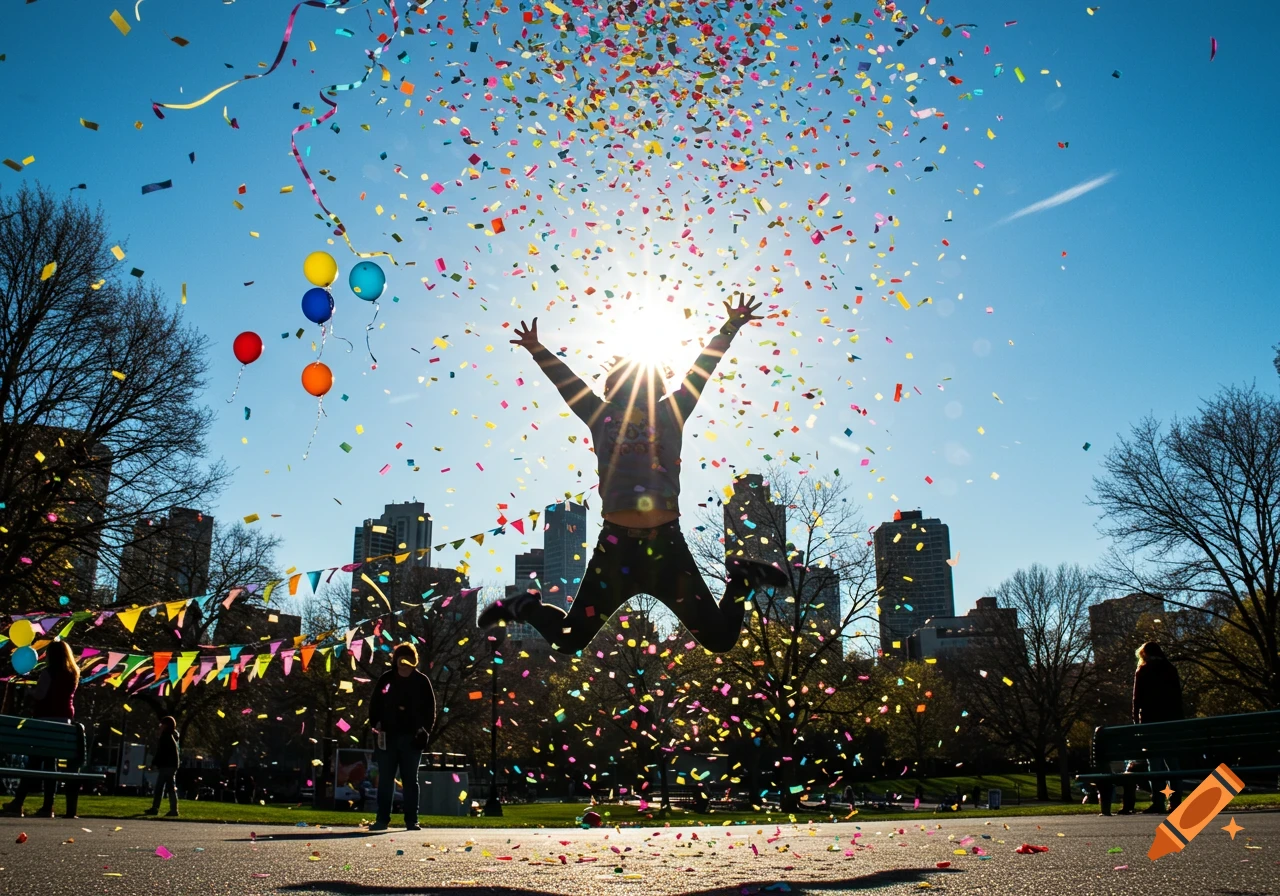 A person jumps joyfully in a sunny park, arms raised as colorful confetti and balloons fall around them, with a city skyline behind.