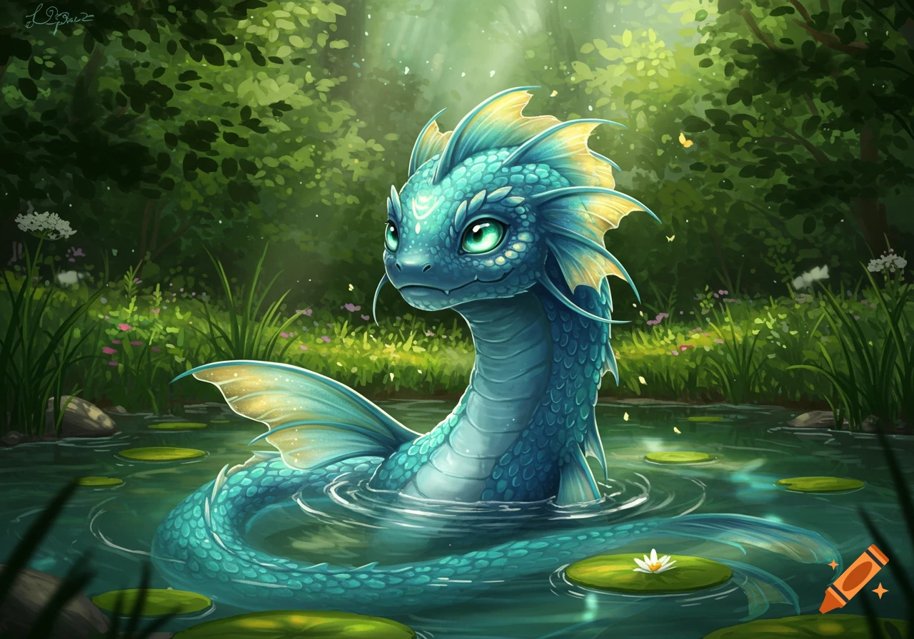 A cute blue-green dragon-like creature peeks out of a pond with water lilies in a lush green forest, digital art.