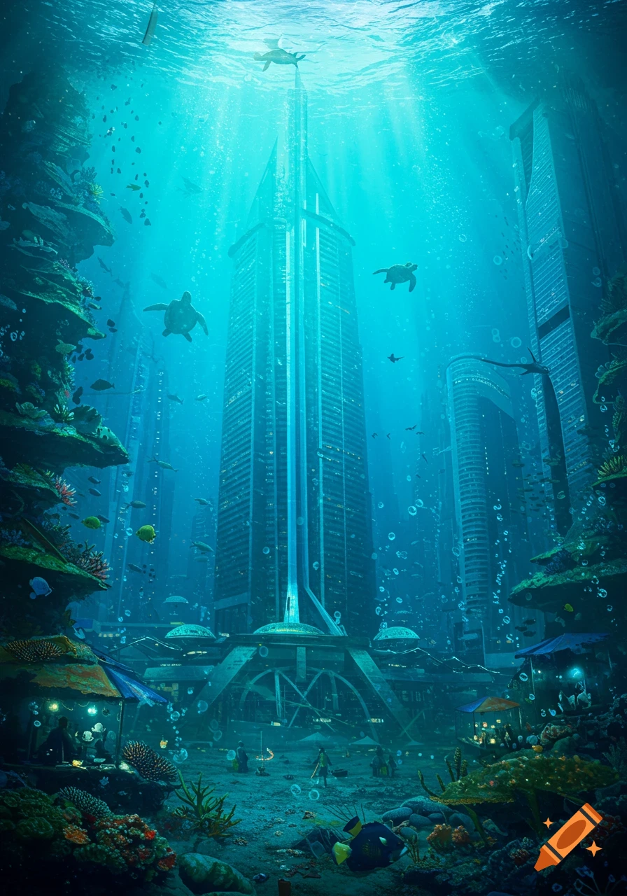 An epic underwater city with towering futuristic skyscrapers, vibrant coral reefs, fish, and swimming sea turtles, bathed in rays of light.