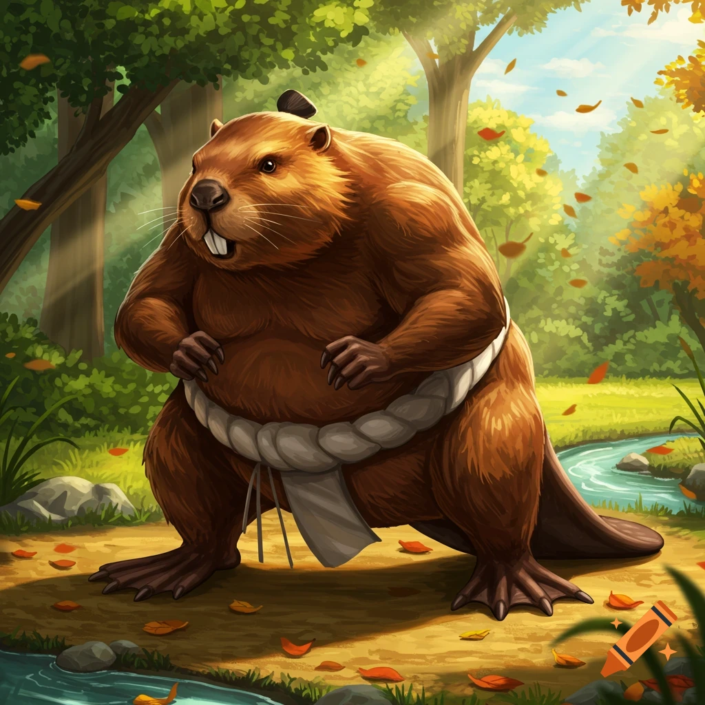 Illustrated cartoon beaver dressed in a sumo mawashi, standing in a sunlit autumn forest next to a stream.