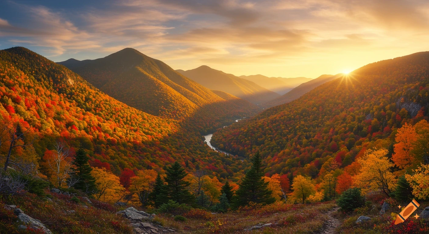 Photorealistic landscape of Appalachian mountains in autumn with a river winding through a valley at sunrise.