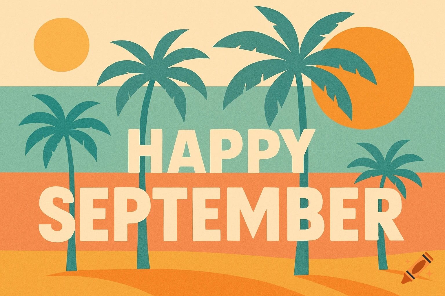 Mid-century modern illustration of a tropical beach scene with palm trees and two suns, saying 'Happy September'.