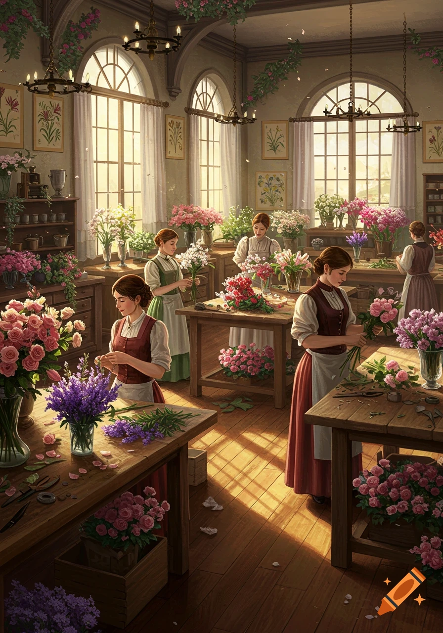 Women in Victorian attire arrange colorful flowers in a bright, detailed floral workshop with large windows.