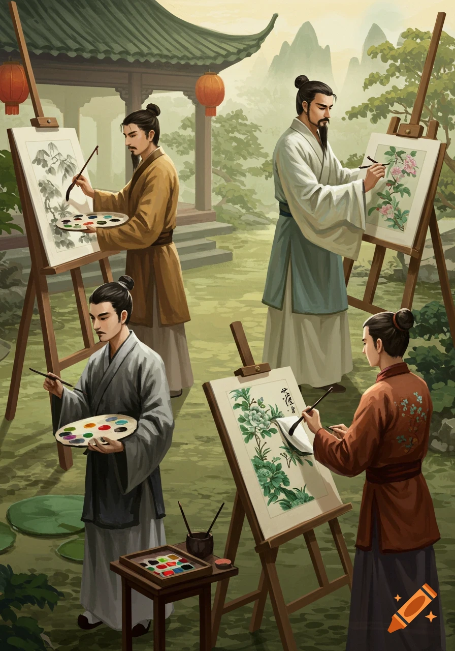 Four Chinese artists in traditional attire paint various art pieces, including ink wash, floral, and calligraphy, in a lush garden setting with a pavilion.
