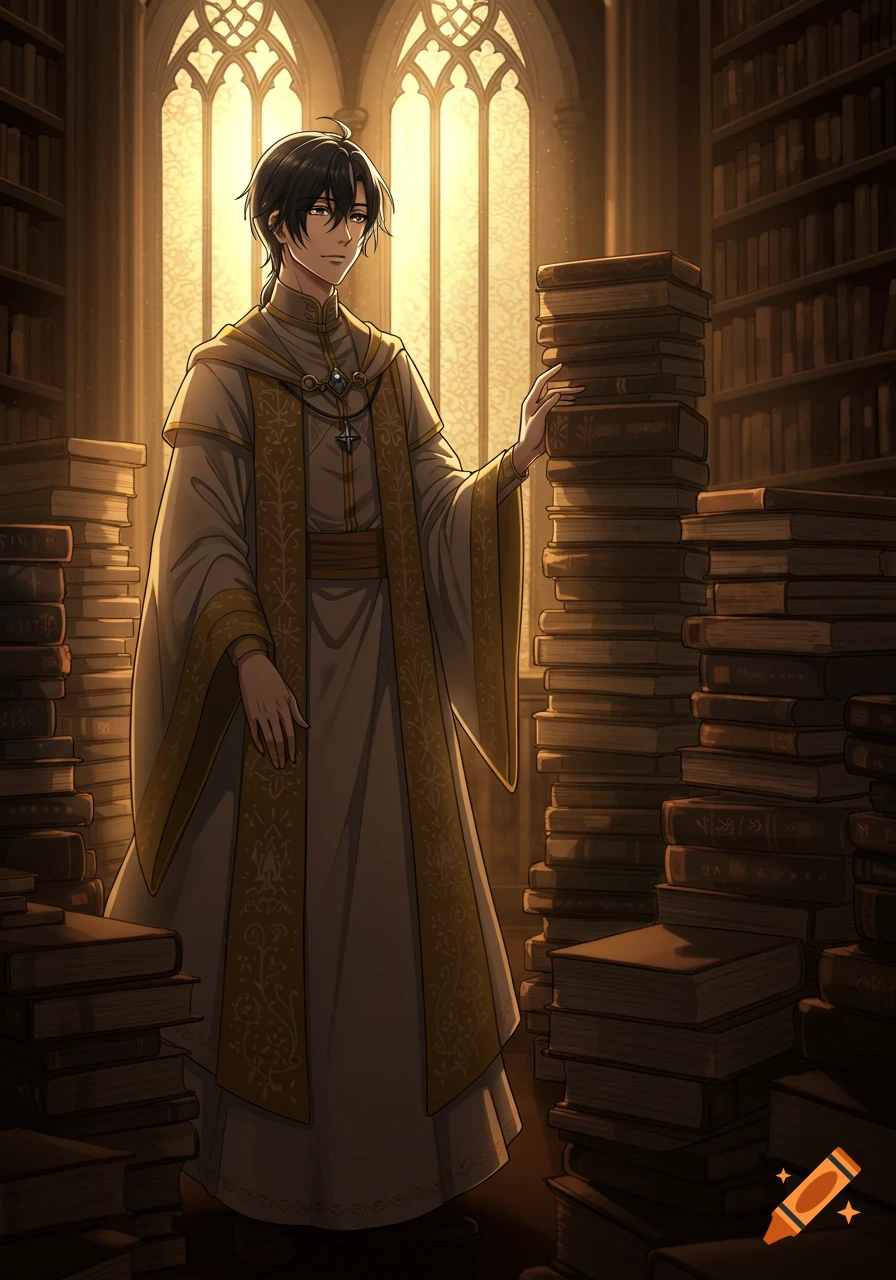 Anime style young librarian in a cream and gold robe among ancient books in a fantasy library, illuminated by a gothic window.