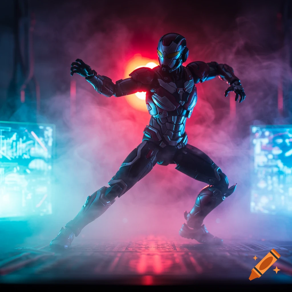 A futuristic action figure in a dynamic pose, bathed in neon red and blue light with smoke effects.