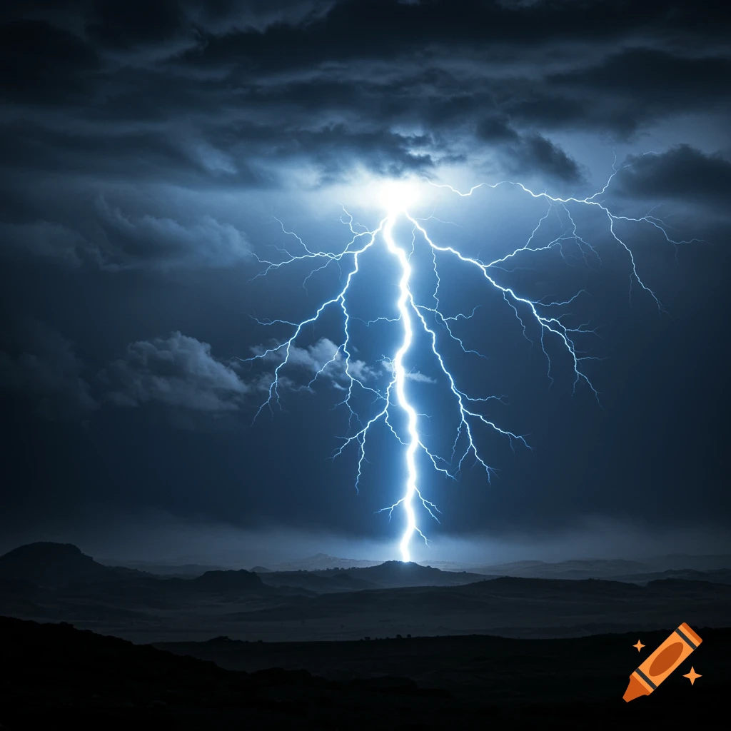 A bright, powerful lightning bolt strikes a distant mountain peak under a dark, stormy sky, with silhouetted mountains in the foreground.