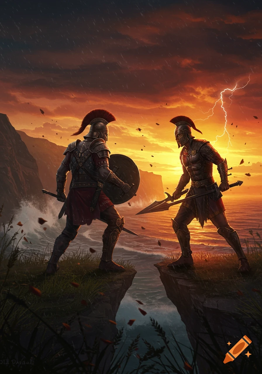 Two armored warriors in ancient gear stand on opposing cliffs over a stormy sea at sunset, with lightning striking in the background.