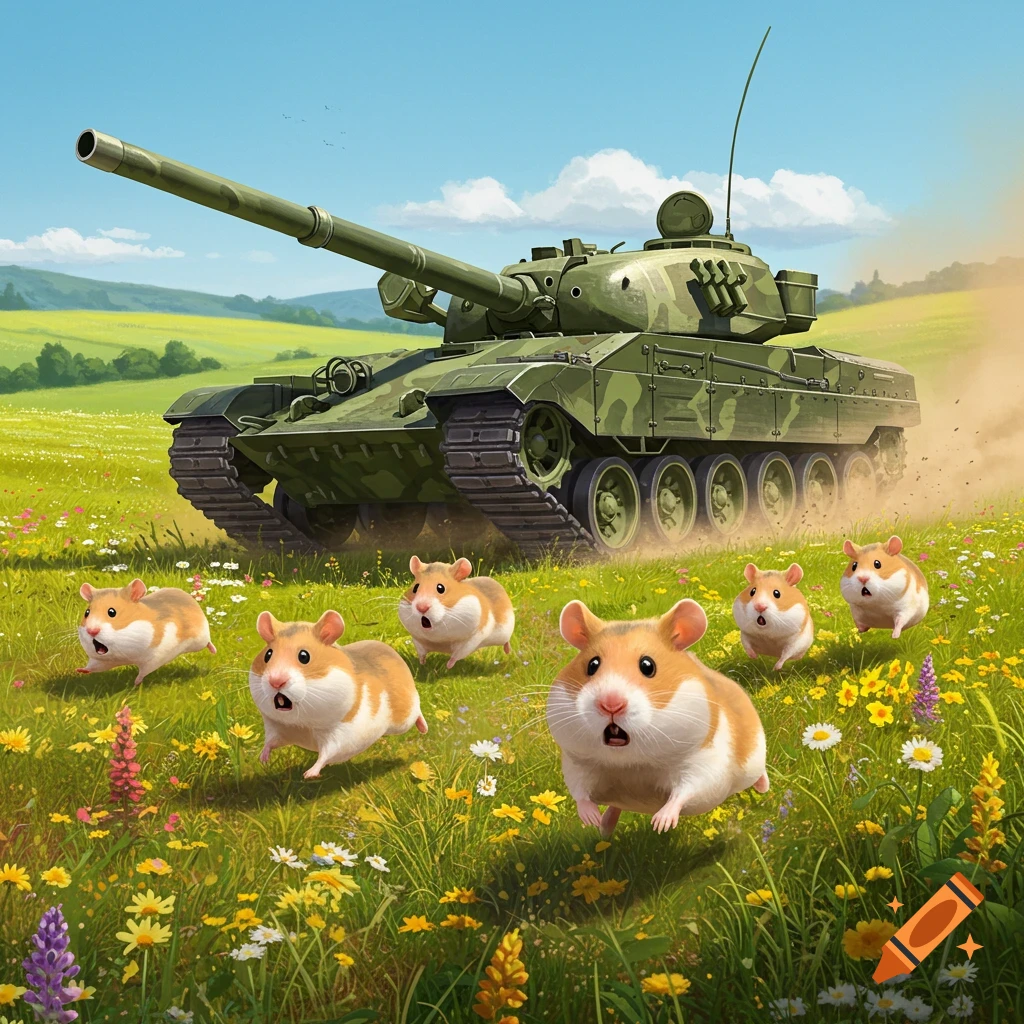 A large green military tank chases several terrified hamsters through a sunny, wildflower-filled meadow in a colorful illustration.