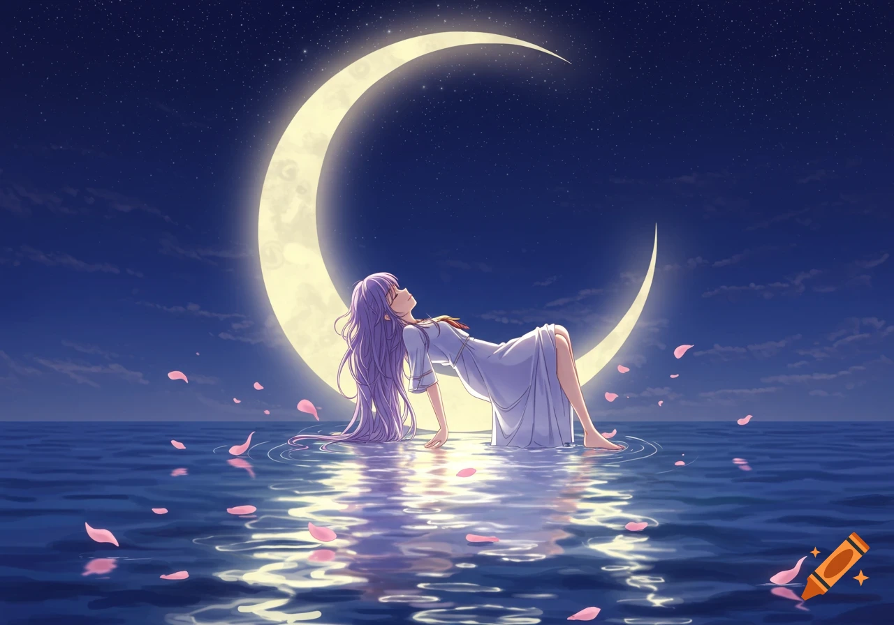 Anime girl with purple hair laying on a glowing crescent moon above a calm, moonlit sea with pink petals.