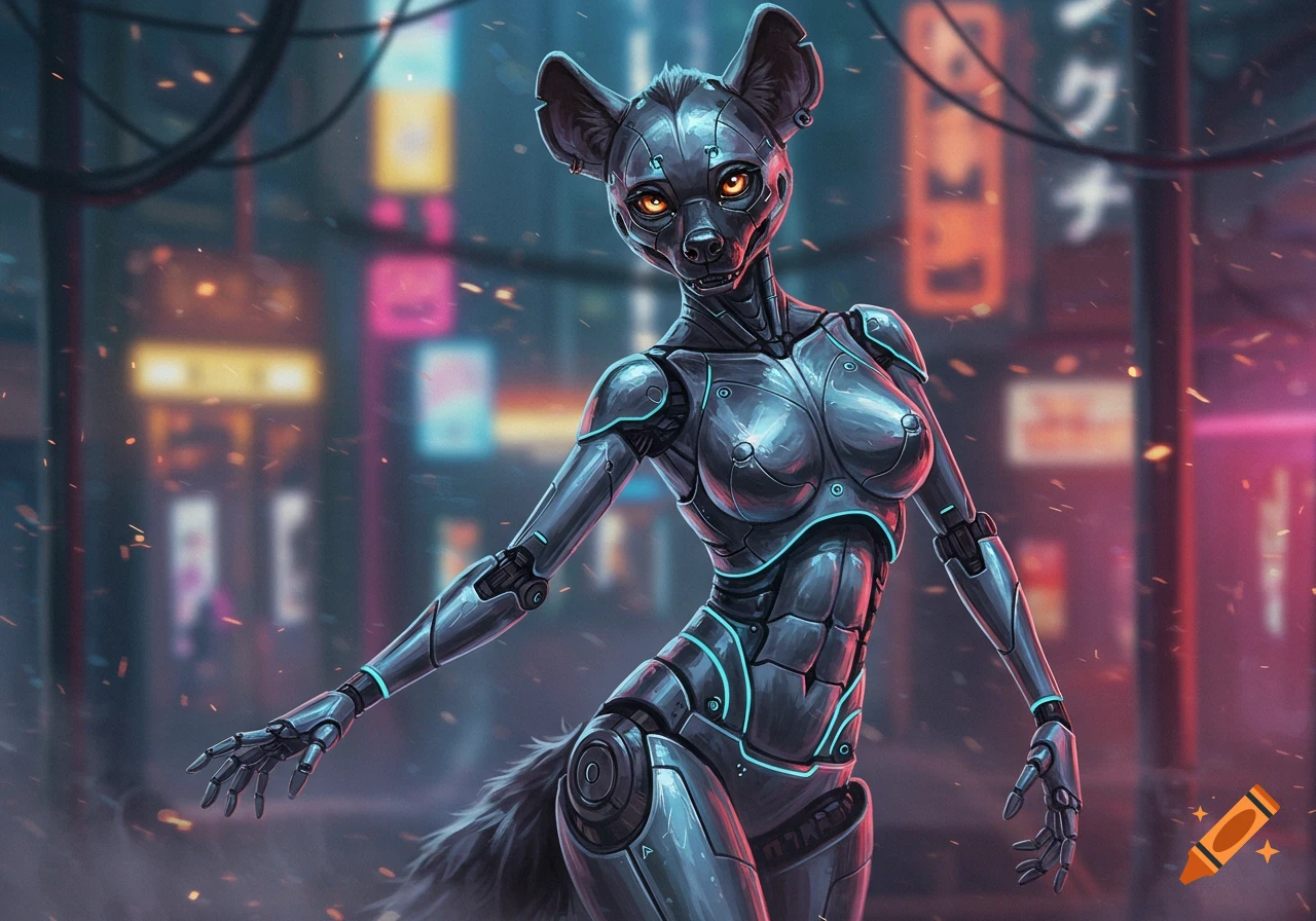 A metallic silver robotic hyena girl with glowing orange eyes stands in a cyberpunk city with blurred neon signs.