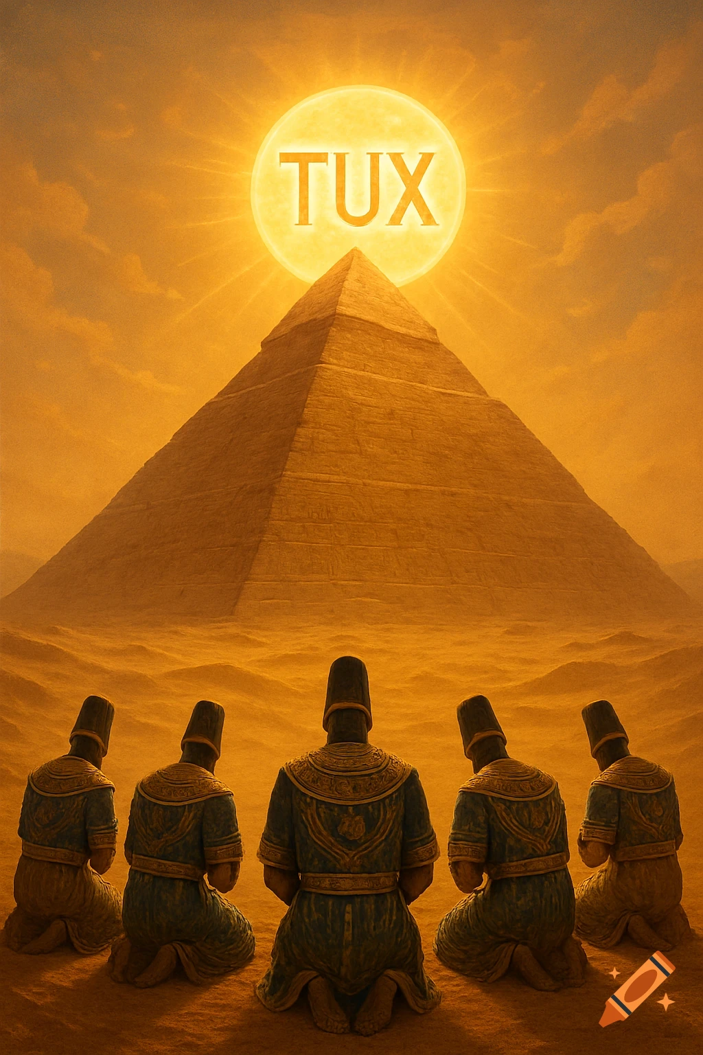 Five stylized figures in robes kneel in a desert before a pyramid, beneath a sun with the word 'TUX'.