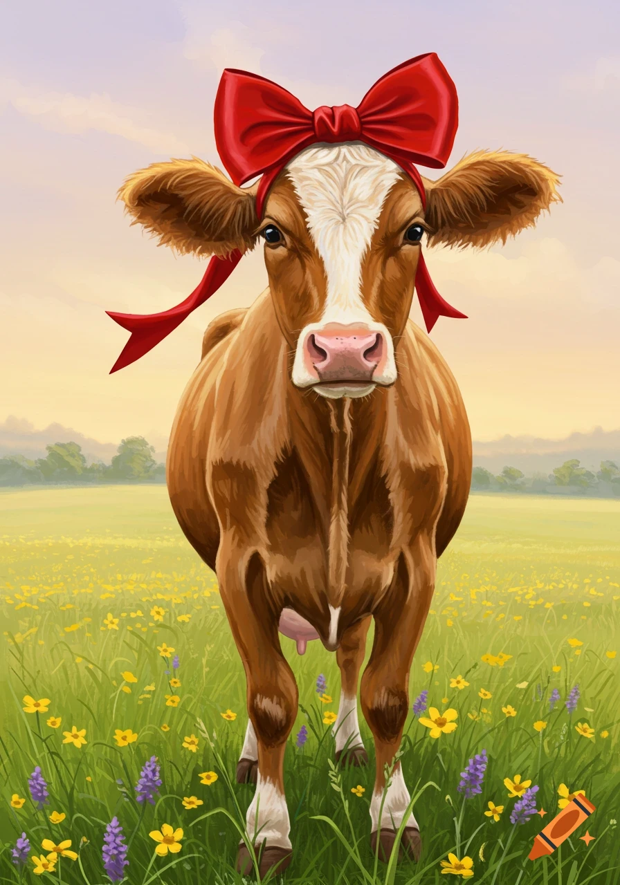 Illustrative painting of a brown and white cow with a red bow standing in a flower-filled green field.