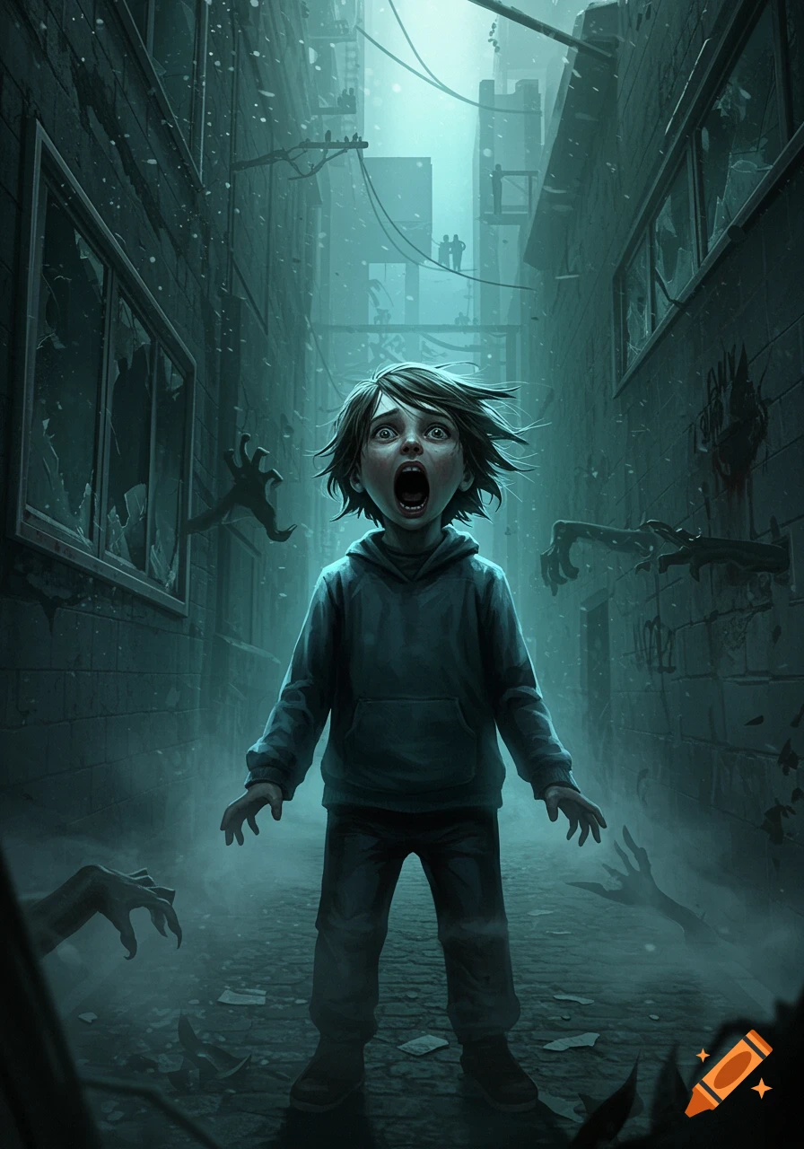 A terrified child screams, standing in a dark, misty alleyway as ghostly, skeletal hands reach out from the shadows in a digital art style.