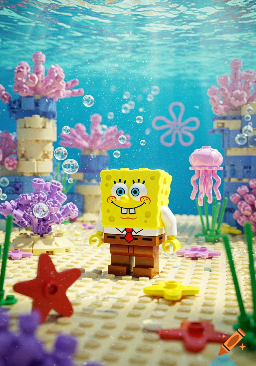 A detailed Lego Spongebob minifigure stands on a sandy seafloor with colorful Lego coral and bubbles in a vibrant underwater scene.