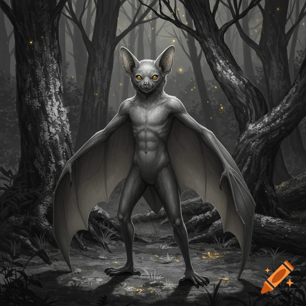 A grey humanoid bat creature with yellow eyes stands in a dark, eerie forest with glowing specks of light.