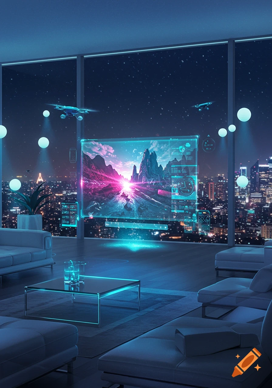 Futuristic living room with a holographic display showing a vibrant landscape, overlooking a glittering night city skyline, with drones and glowing orbs.