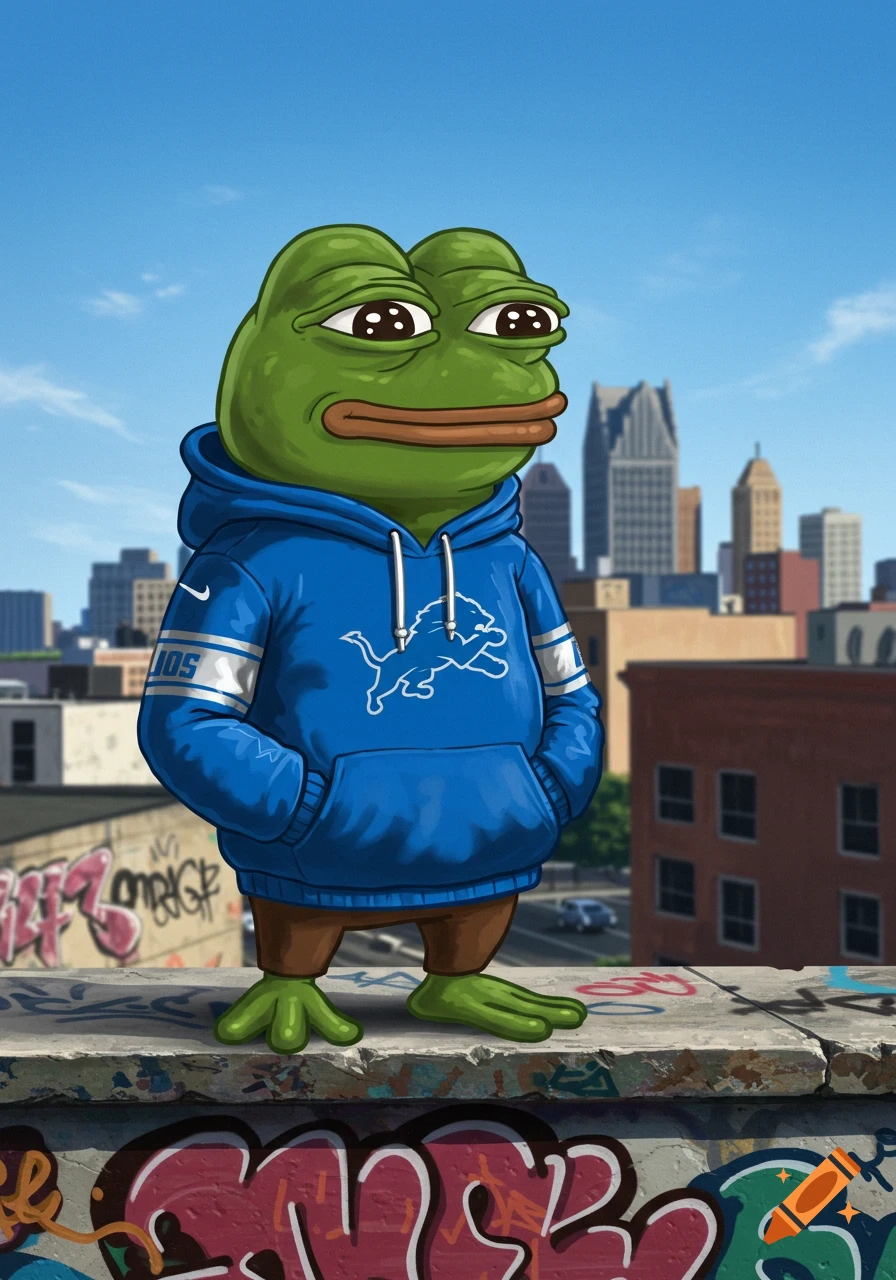 A cartoon Pepe the frog stands on a graffiti-covered ledge in front of a city skyline, wearing a blue Detroit Lions hoodie.