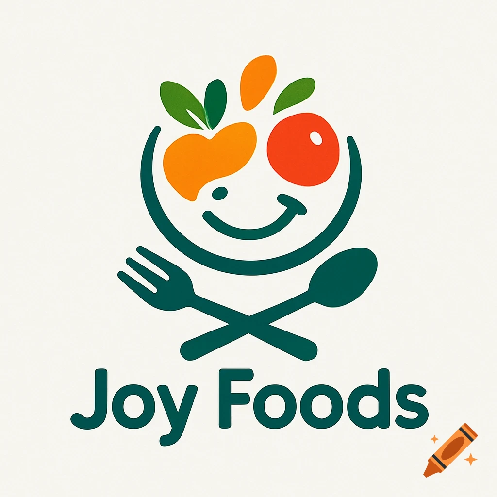 A cheerful logo for Joy Foods, featuring a smiley face made of colorful fruits and leaves above crossed fork and spoon on a light textured background.