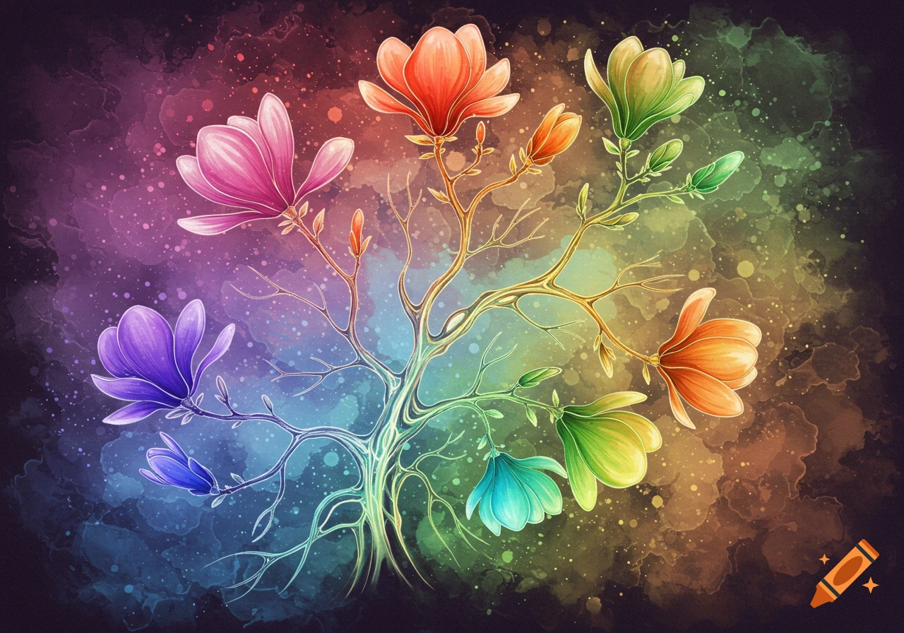Colorful watercolor illustration of a stylized tree with rainbow-colored magnolia flowers against a dark, speckled background.