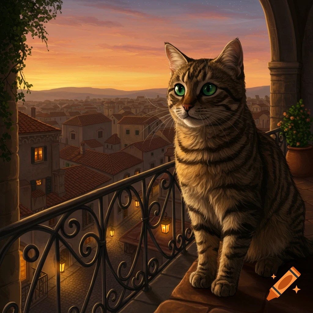 A tabby cat with bright green eyes sits on a balcony overlooking a bustling city at sunset, in a digital painting.