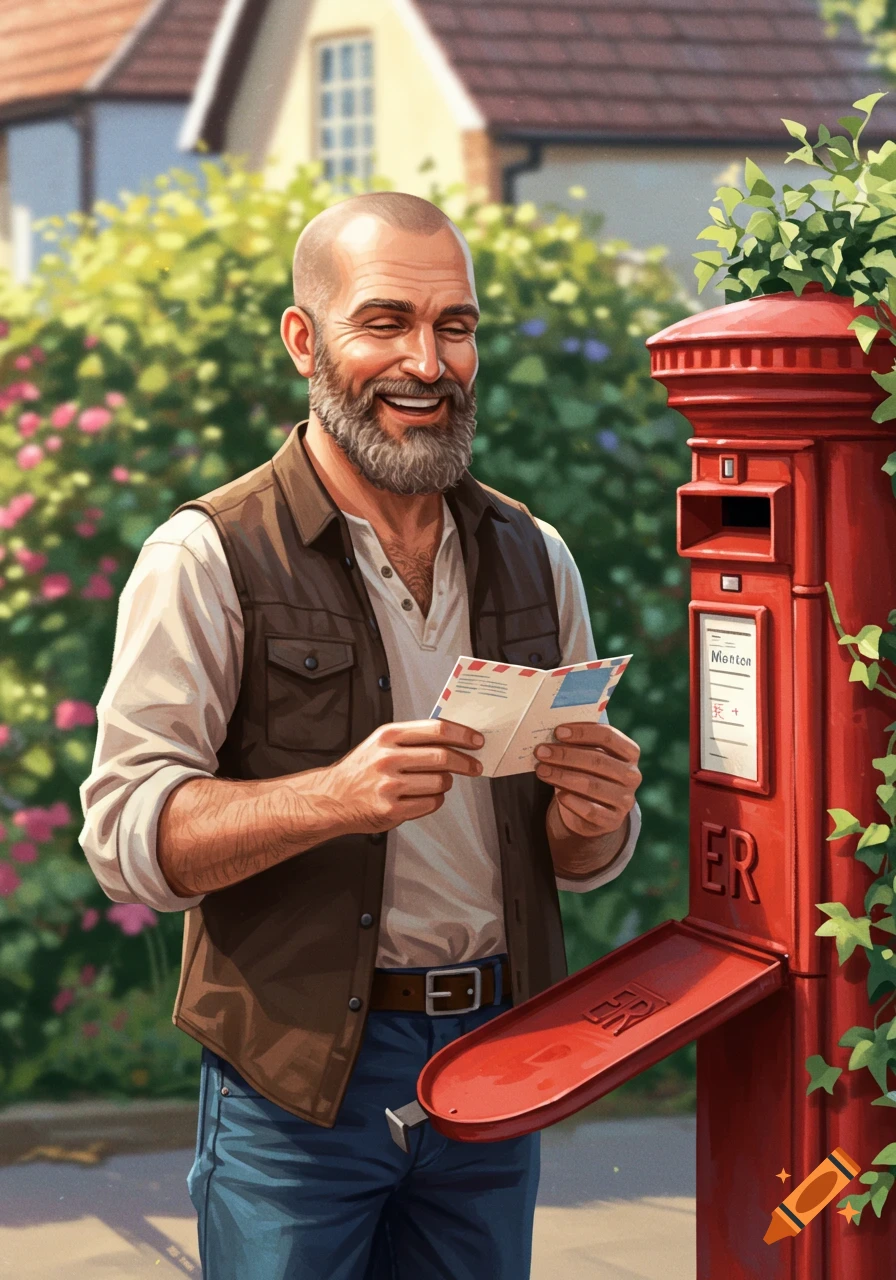 Smiling bearded man in a brown vest reads a postcard next to a red British postbox in an illustrated outdoor scene.