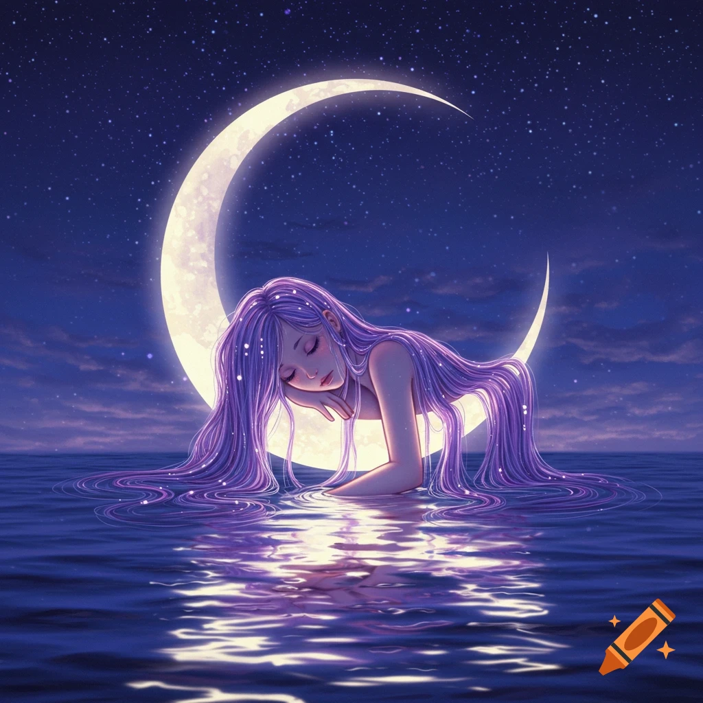 Illustration of a girl with long purple hair peacefully sleeping on a glowing crescent moon above a calm sea at night under a starry sky.