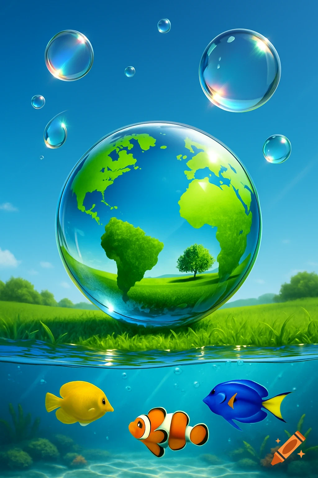 Vibrant Frutiger Aero art of a glossy Earth globe reflecting green landscapes, partly submerged with tropical fish swimming below.