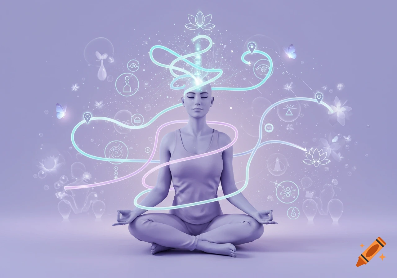 A person meditates in the lotus position, with glowing ethereal lines and symbols emanating from their head.