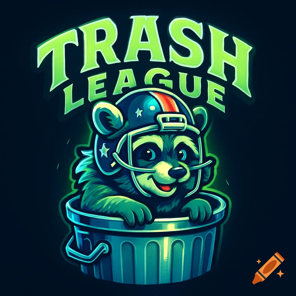 Cartoon raccoon in a trash can wearing an American football helmet, with 'TRASH LEAGUE' text above. Digital art style.