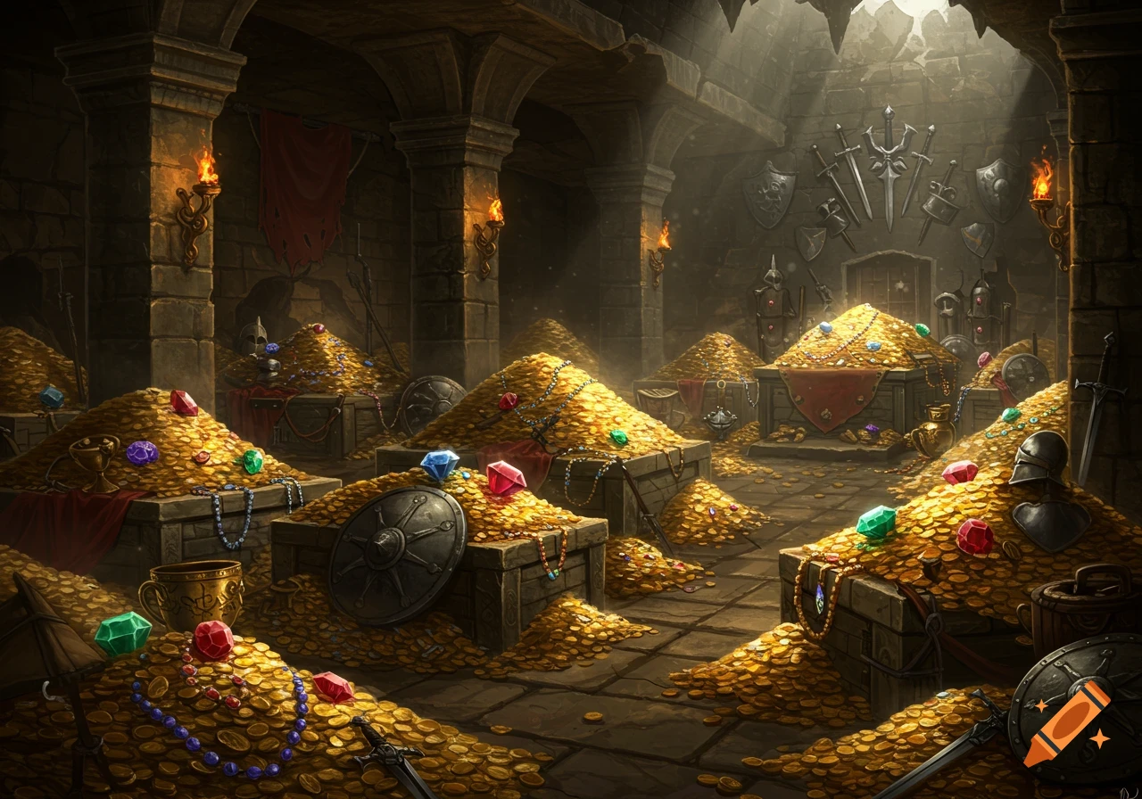 A dark dungeon chamber filled with vast piles of gold coins, colorful gems, ancient chests, swords, shields, and other armory items, lit by torches.
