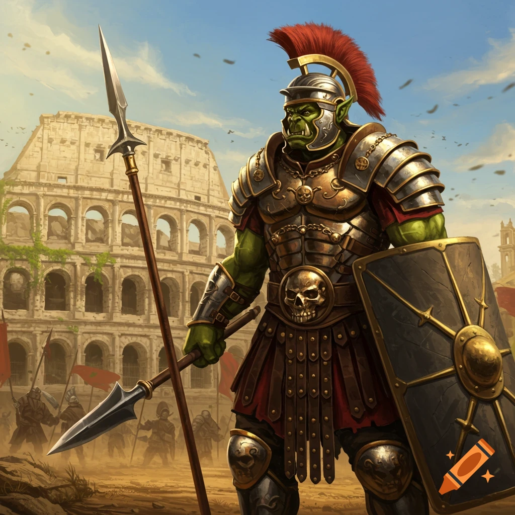 A muscular, green-skinned orc in elaborate golden and silver Roman armor, holding a spear and shield, stands before a ruined Colosseum.