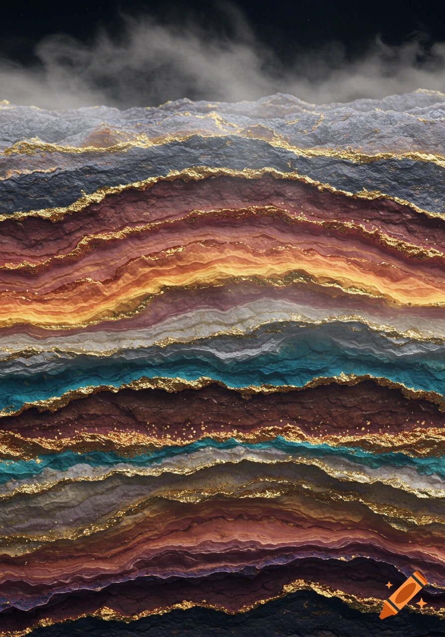 Vibrant abstract artwork with wavy layered textures in earthy tones, blues, and grays, accented with glittering gold lines.