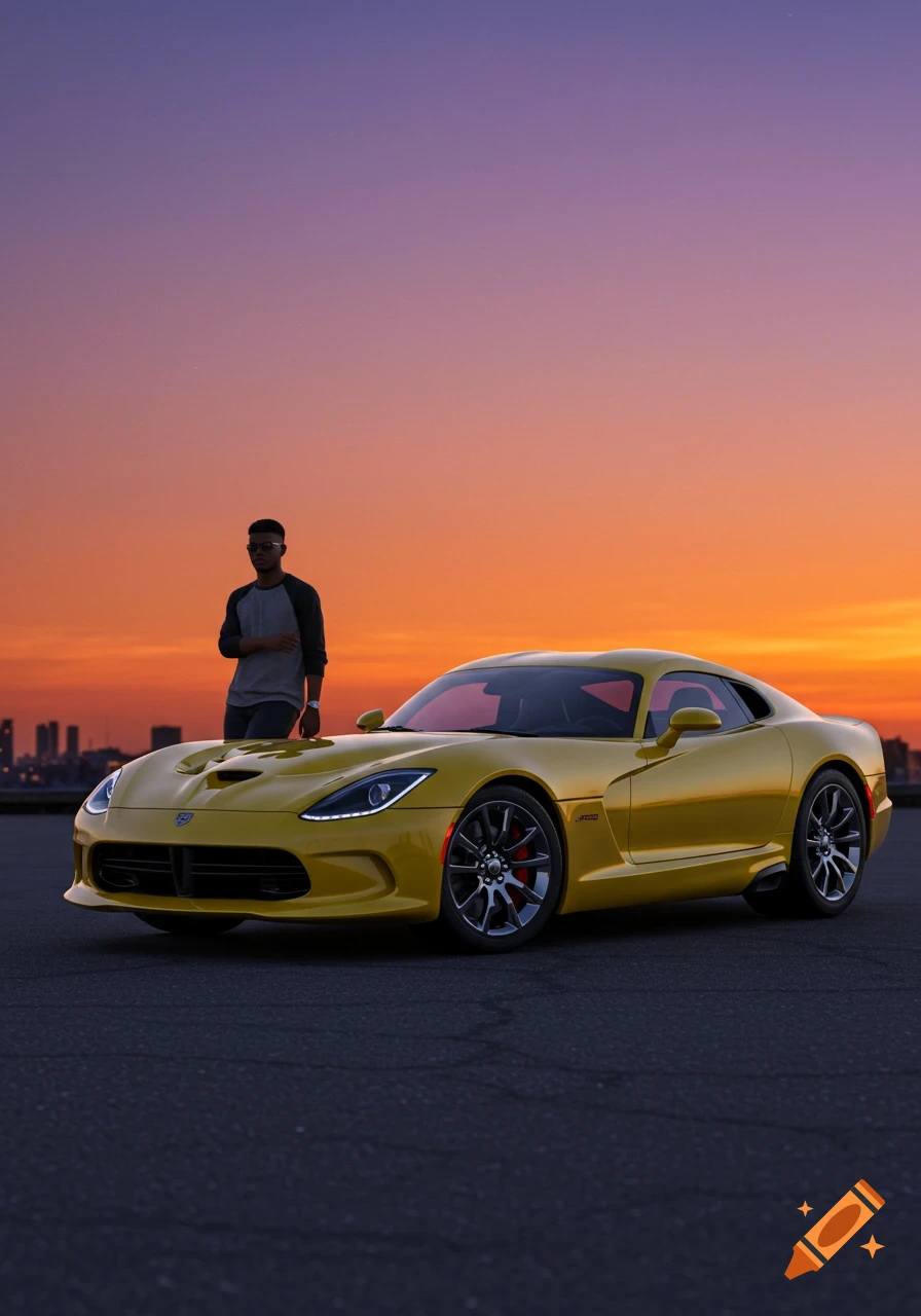 A man in sunglasses and a two-tone shirt leans against a shiny yellow Dodge Viper at sunset, with a city skyline in the background.
