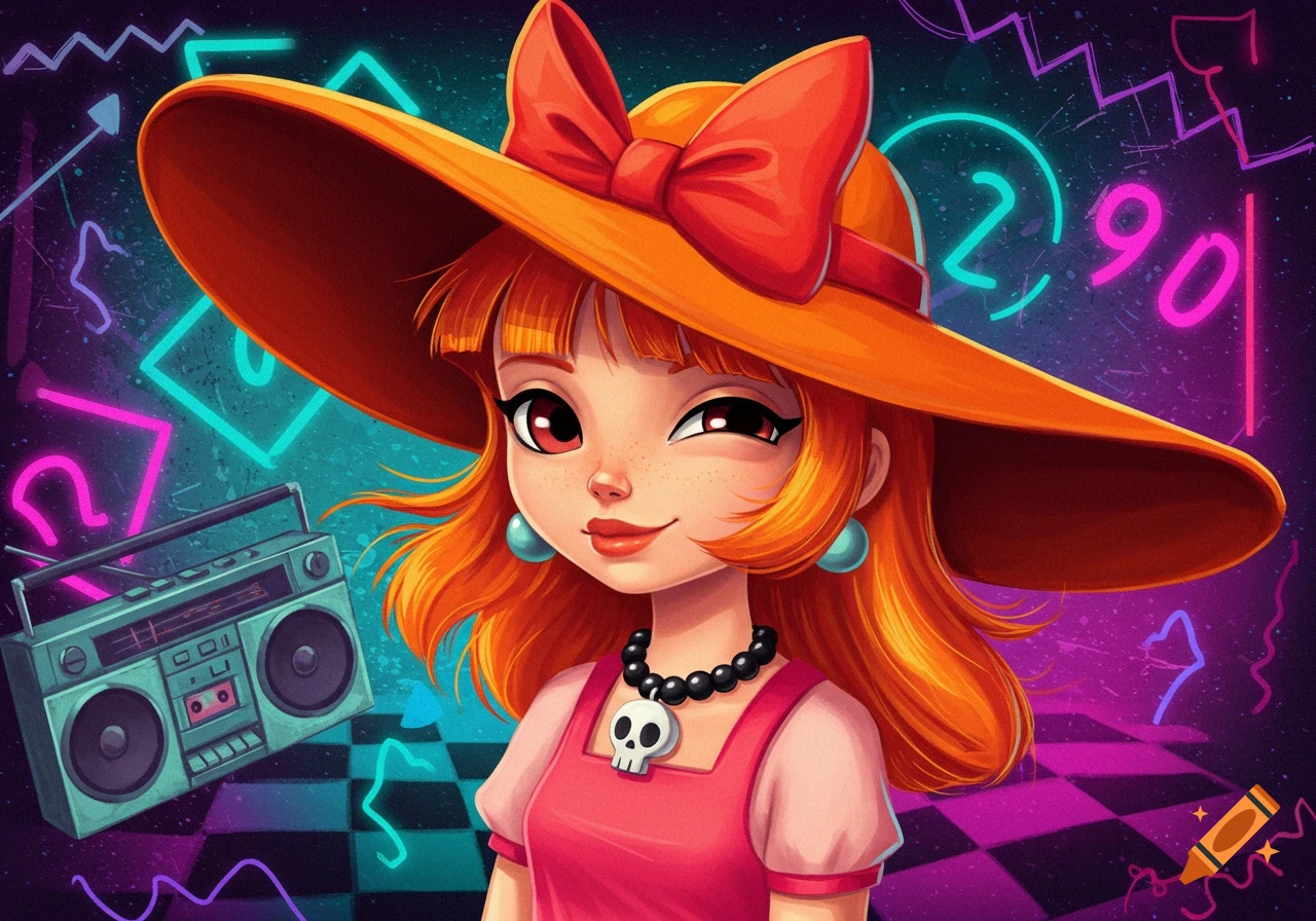 Cartoon girl with orange hair, large orange hat, skull necklace, and a boombox in a vibrant neon 90s background.