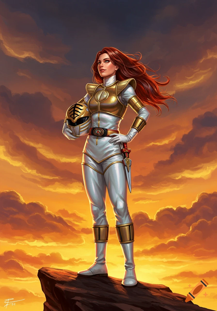 A female White Power Ranger stands on a cliff, holding her helmet, against a vibrant sunset sky.