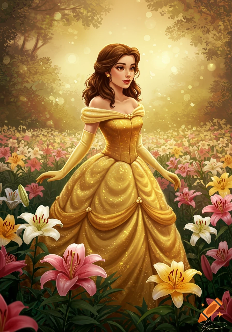 Digital art of Princess Belle in a shimmering golden gown, standing amidst a vibrant field of colorful lilies under a soft, sunny glow.