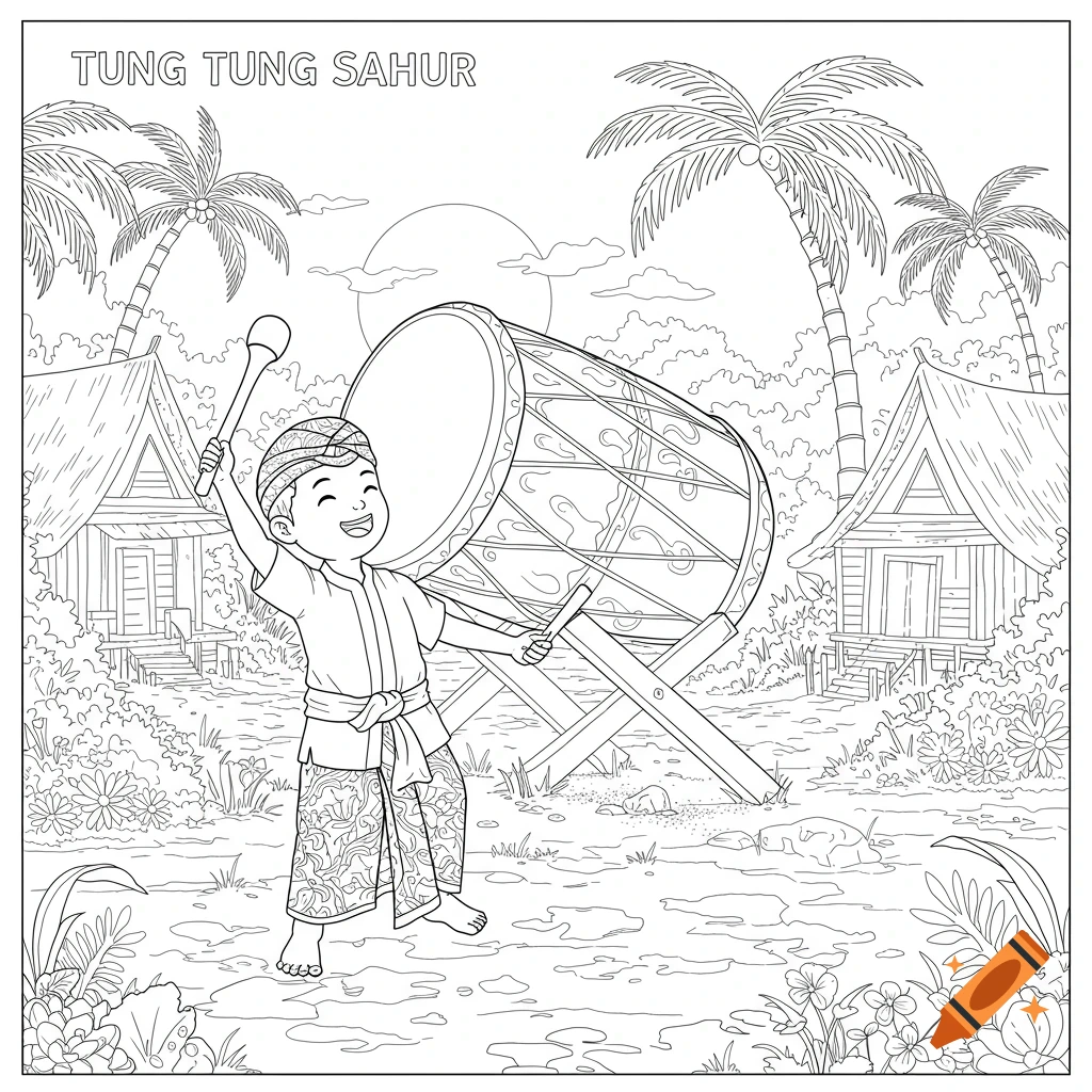 Line drawing for a coloring book showing a happy child in traditional clothes playing a large drum with palm trees and houses in the background, text 'TUNG TUNG SAHUR'.