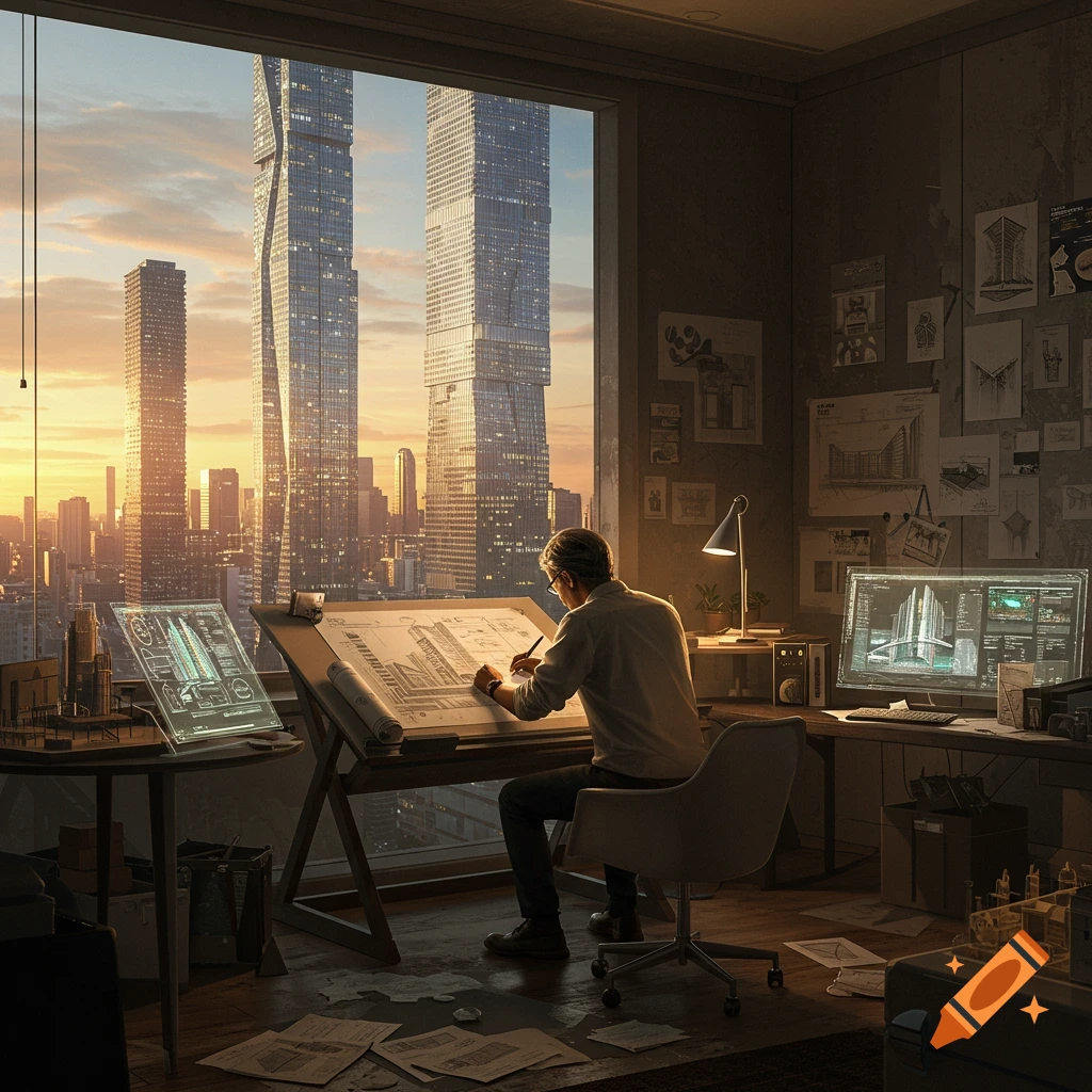 A photorealistic image of an architect drawing blueprints at a drafting table in an office, overlooking a modern city skyline at sunset.