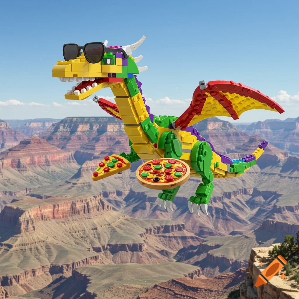 A colorful Lego dragon wearing oversized sunglasses flies over the Grand Canyon, holding two pizzas.