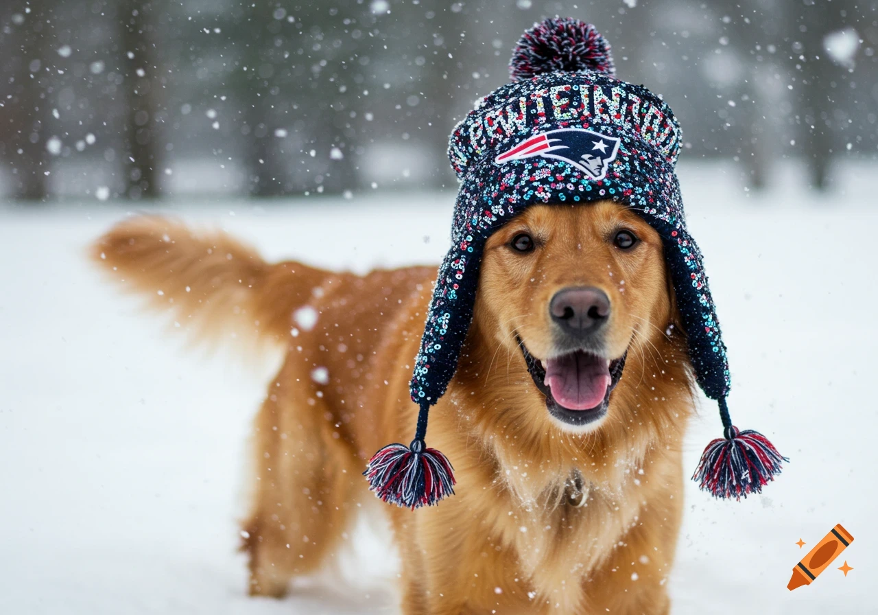 A happy golden retriever wearing a sparkly sequined New England Patriots winter hat stands in a snowy field with falling snow.
