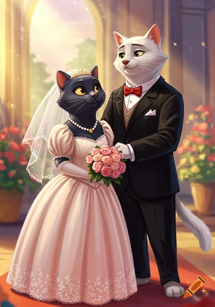 Anthropomorphic black and white cats in wedding attire, the black cat holding a bouquet, in a Disney 2D style illustration.