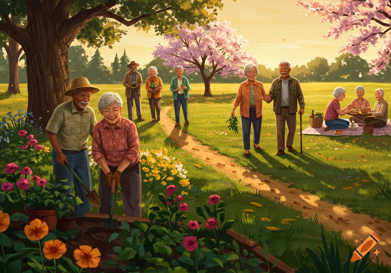 Happy older adults gardening, walking, and picnicking in a lush park with cherry blossoms, rendered in an illustrative style.