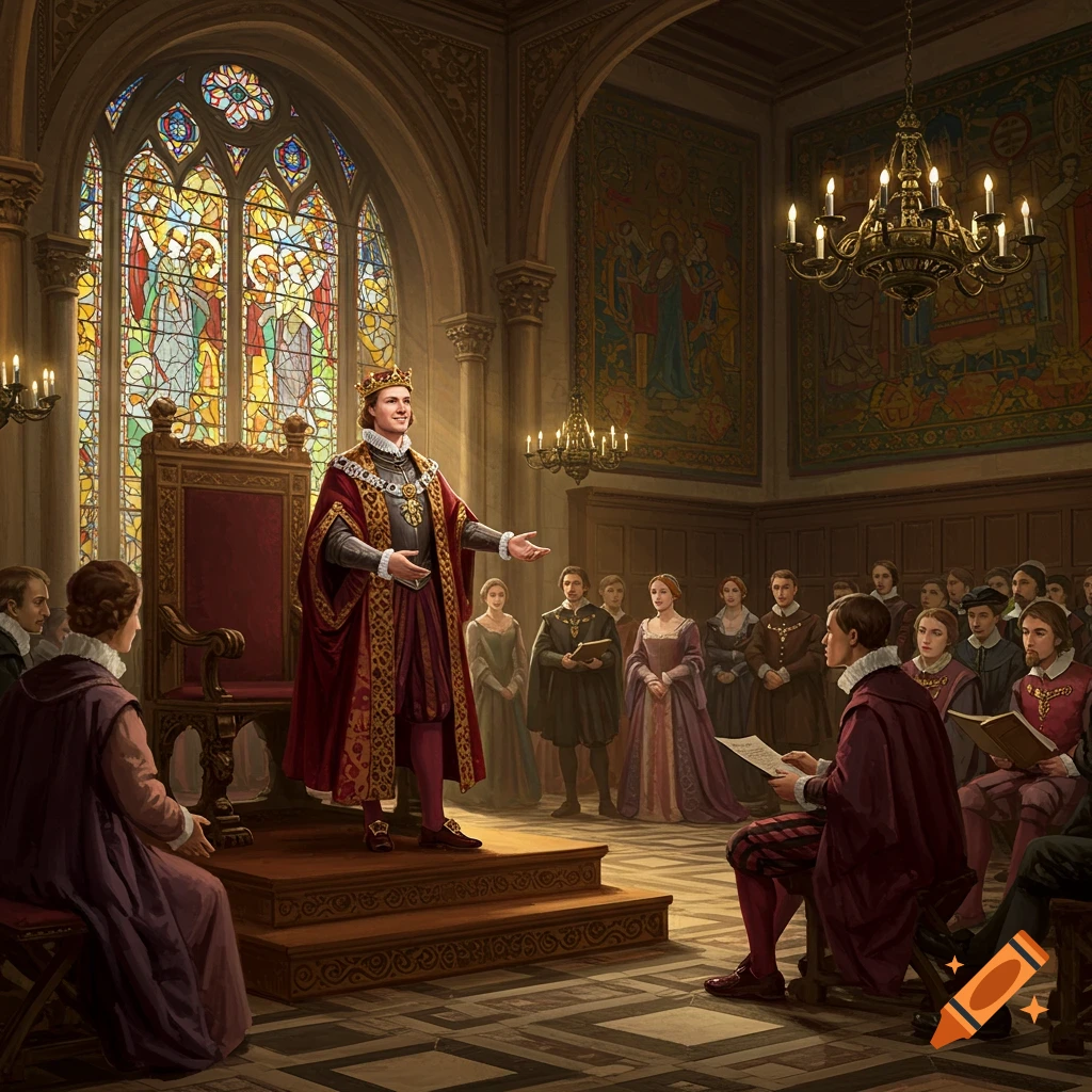 King James I in regal attire, wearing a crown and red cloak, stands on a platform addressing a crowd in a grand hall with stained glass windows.